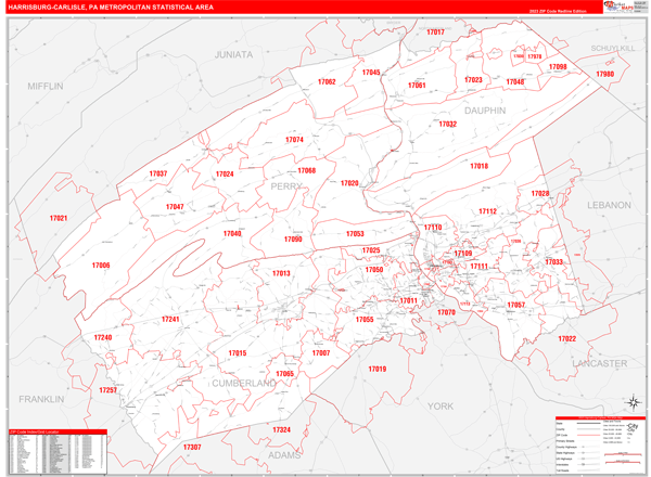 Harrisburg-Carlisle Metro Area Digital Map Red Line Style